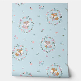 Schattigee Kleine Herfst Vos met bloemen lichtblau Behang