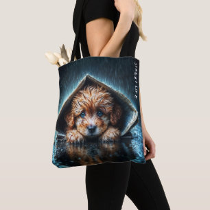 Schattigee kleine hond in regendag met blauwe ogen tote bag