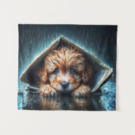 Schattigee kleine hond in regendag met blauwe ogen wandkleed