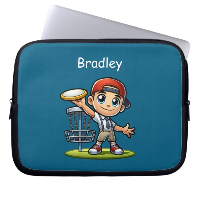 Schattigee kleine jongen die diskgolf speelt geper laptop sleeve (Voorkant)