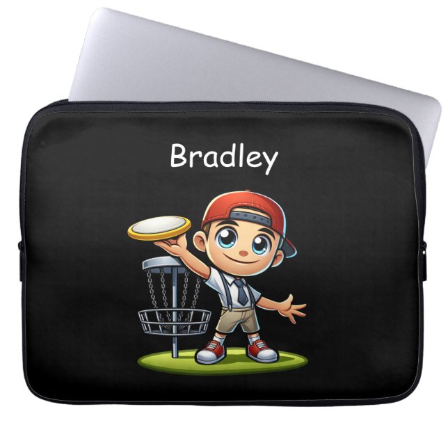 Schattigee kleine jongen die diskgolf speelt geper laptop sleeve (Voorkant)