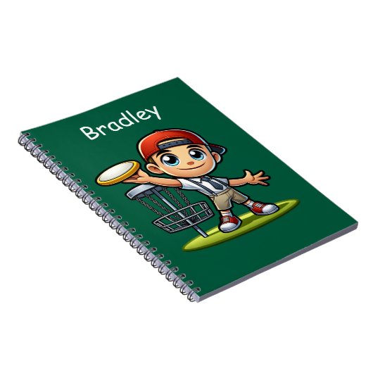 Schattigee kleine jongen die diskgolf speelt geper notitieboek (Rechterzijde)