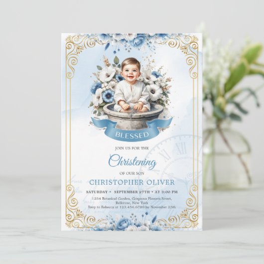 Schattigee kleine jongen stoffige blauwe bloemen g kaart (Staand voorkant)