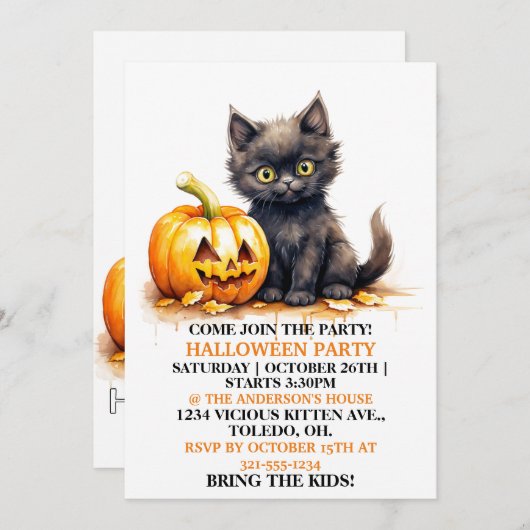 Schattigee kleine kat blij Halloween feestuitnodig Kaart (Voorkant / Achterkant)