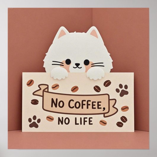 Schattigee Kleine kattenpootafdrukken en koffiebon Poster (Voorkant)