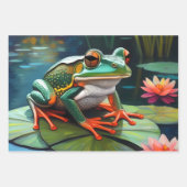 Schattigee kleine kikkertjes zitten op een vijver inpakpapier vel (Voorkant 3)