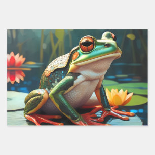 Schattigee kleine kikkertjes zitten op een vijver inpakpapier vel