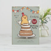 Schattigee kleine kip op taart 1e verjaardag kaart (Staand voorkant)