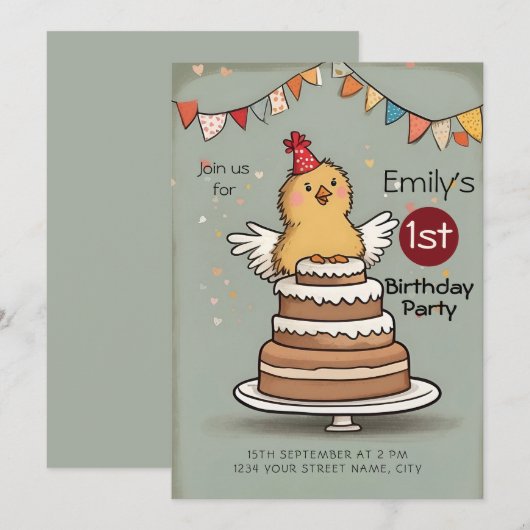 Schattigee kleine kip op taart 1e verjaardag kaart (Voorkant / Achterkant)