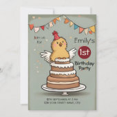 Schattigee kleine kip op taart 1e verjaardag kaart (Voorkant)