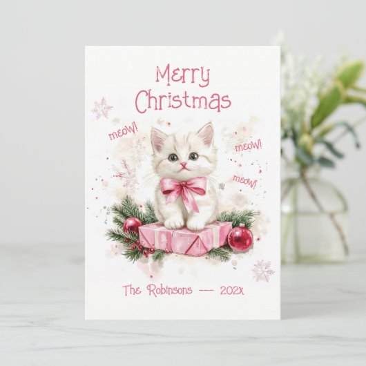 Schattigee Kleine Kitten Roze Kerst Kaart (Staand voorkant)