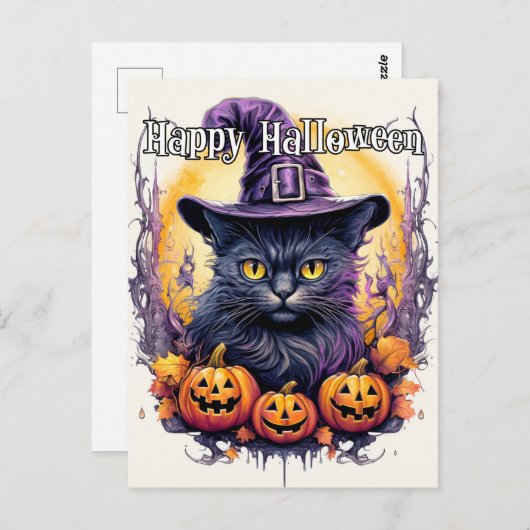 Schattigee kleine kitty kat heks | Halloween Briefkaart (Voorkant / Achterkant)
