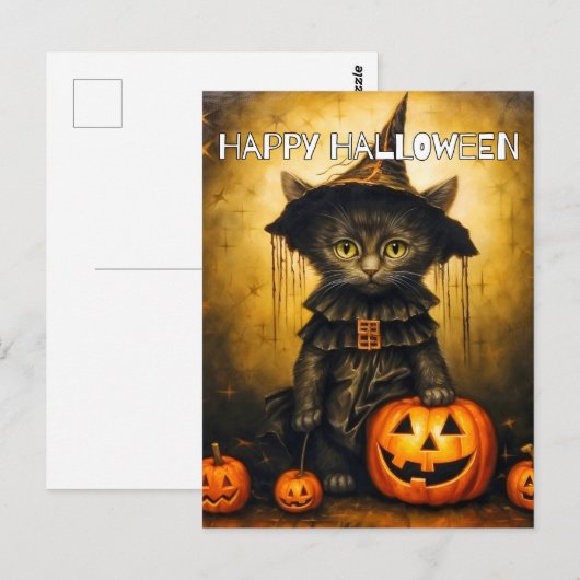 Schattigee kleine kitty kat heks | Happy Halloween Briefkaart (Voorkant / Achterkant)