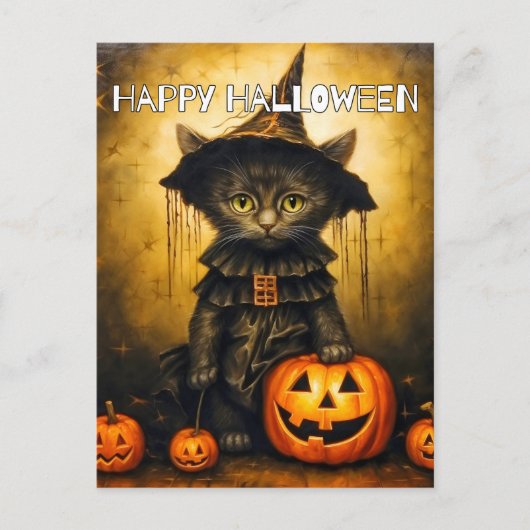 Schattigee kleine kitty kat heks | Happy Halloween Briefkaart (Voorkant)