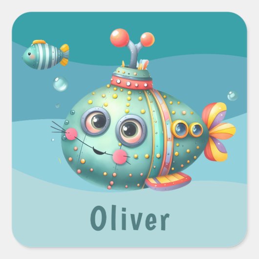 Schattigee kleine kleurrijke onderzeeër vierkante sticker (Voorkant)