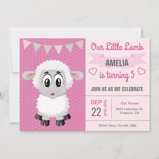 Schattigee Kleine Lamb Kids Verjaardagsfeestuitnod Kaart (Voorkant)