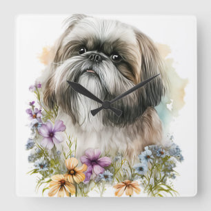 SCHATTIGEE KLEINE LHASA APSO HOND MET WILDE BLOEME VIERKANTE KLOK
