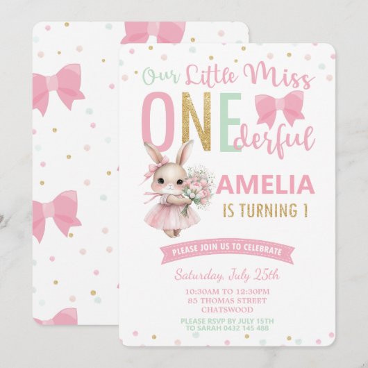 Schattigee kleine Miss ONEderful 1st Birthday Bunn Kaart (Voorkant / Achterkant)