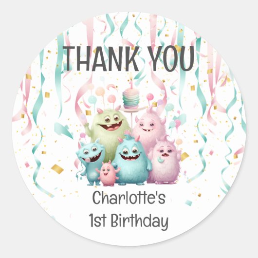 Schattigee kleine monsters 1e verjaardag. Dank je Ronde Sticker (Voorkant)