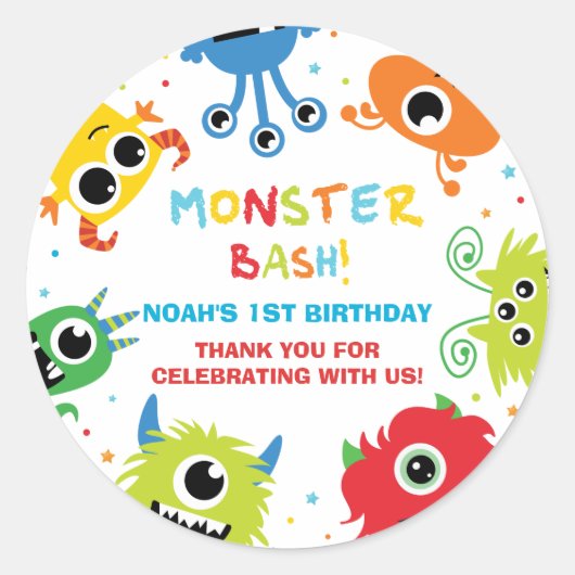 Schattigee kleine monsters 1e verjaardag dank je w ronde sticker (Voorkant)