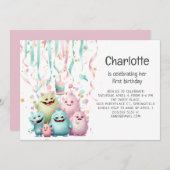 Schattigee kleine monsters meisje 1e verjaardag ho kaart (Voorkant / Achterkant)