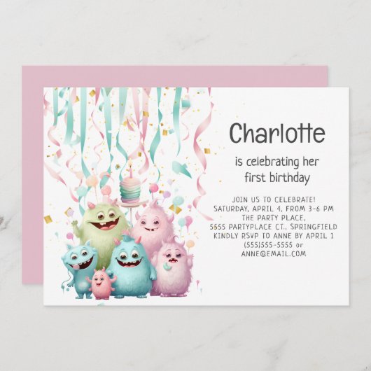 Schattigee kleine monsters meisje 1e verjaardag ho kaart (Voorkant / Achterkant)