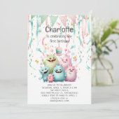 Schattigee Kleine Monsters Meisje's 1e Verjaardag Kaart (Staand voorkant)