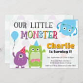 Schattigee kleine monsters verjaardagsfeestje, elk kaart (Voorkant / Achterkant)
