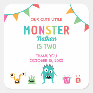 Schattigee kleine monsterverjaardagsfeestje bedank vierkante sticker