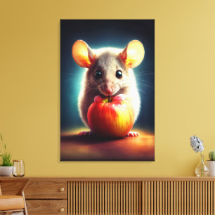Schattigee kleine muis met glanzende Apple Kitchen Canvas Afdruk