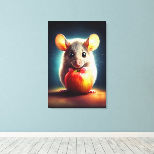 Schattigee kleine muis met glanzende Apple Kitchen Canvas Afdruk (Insitu (Houten vloer))