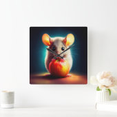 Schattigee kleine muis met glanzende Apple Kitchen Vierkante Klok (Huis)