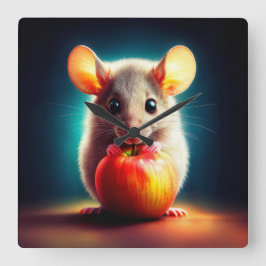 Schattigee kleine muis met glanzende Apple Kitchen Vierkante Klok