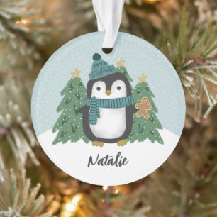 Schattigee kleine pinguïn en koekje   Naam Ornament