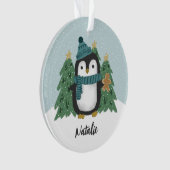 Schattigee kleine pinguïn en koekje | Naam Ornament (voorkant)
