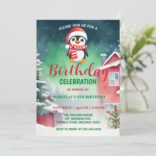 Schattigee kleine pinguïn kerstvakantie jarige jon save the date (Staand voorkant)