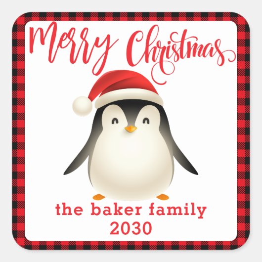 Schattigee kleine pinguïn met kerstmuts vierkante sticker (Voorkant)
