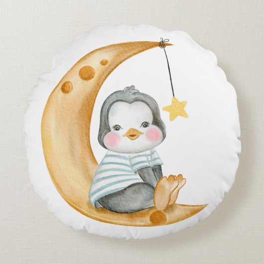 SCHATTIGEE KLEINE PINGUÏN ZITTEND OP EEN MAAN & CL ROND KUSSEN (Voorkant)