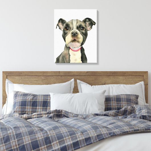Schattigee Kleine Pit Bull Puppy Waterverf Schilde Canvas Afdruk (Insitu (Slaapkamer))