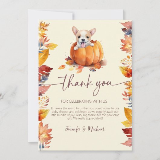 Schattigee kleine pompoen puppy Herfst in liefde B Bedankkaart (Voorkant)