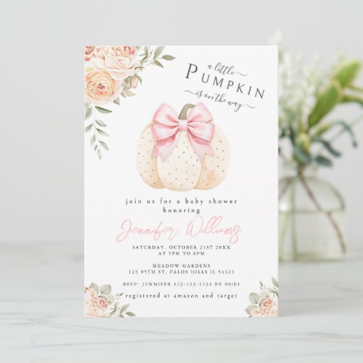 Schattigee Kleine Pompoen Roze Bloemen Baby Meisje Kaart (Staand voorkant)