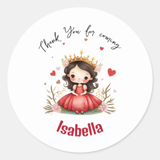 Schattigee kleine prinses met rode jurk ronde sticker (Voorkant)