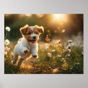 Schattigee kleine puppy achterna een vlinder poster