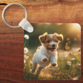 Schattigee kleine puppy achterna een vlinder sleutelhanger (Voorkant)