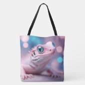 Schattigee kleine roze hagedis met grote blauwe og tote bag (Achterkant)