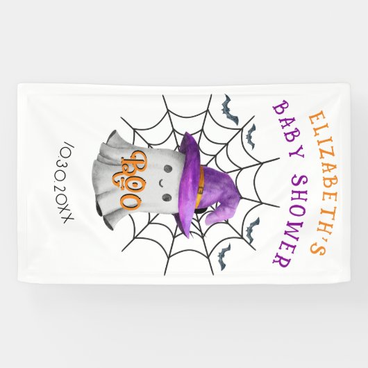 Schattigee kleine spook en spinnenweb BOO baby sho Spandoek (Horizontaal)
