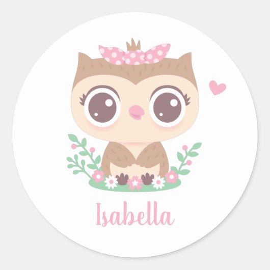Schattigee kleine uil met roze boog ronde sticker (Voorkant)