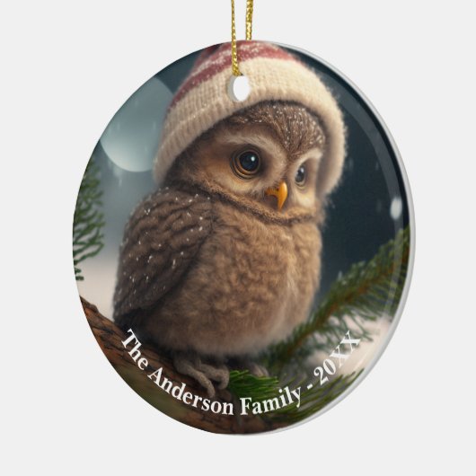 Schattigee kleine uil over een besneeuwde boom Cus Keramisch Ornament (Links)