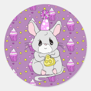 Schattigee Kleine Verjaardagsmuis Paarse Ronde Sticker