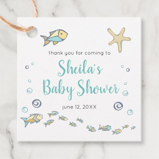 Schattigee kleine vissen en zeesterren oceaan Baby Bedankjes Labels (Voorkant)